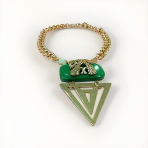 Vintage 1980s Cleopatra Coded Statement Necklace - Emerald Lucite W/ Gold Design